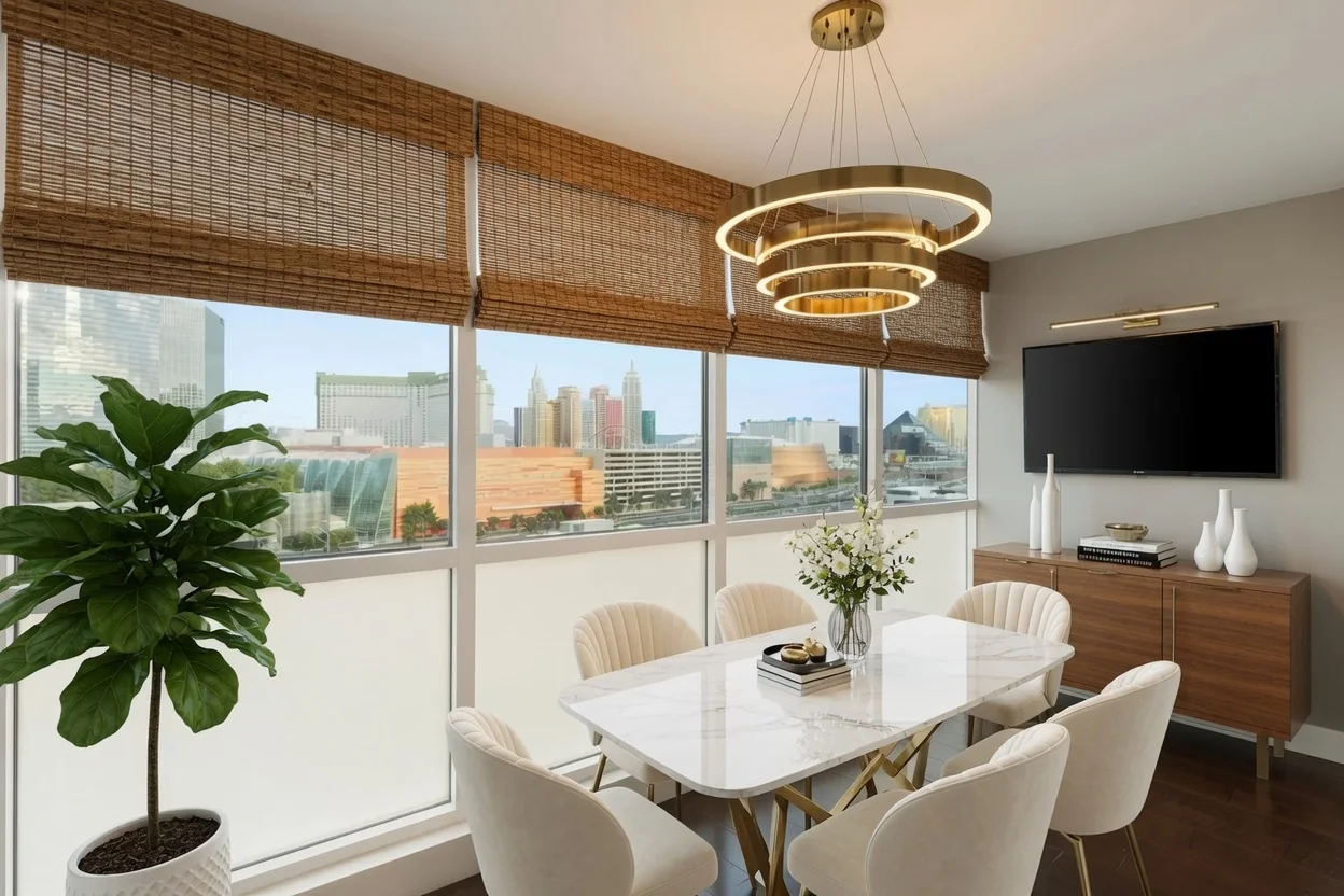 Textured bamboo shades in a light-filled dining room