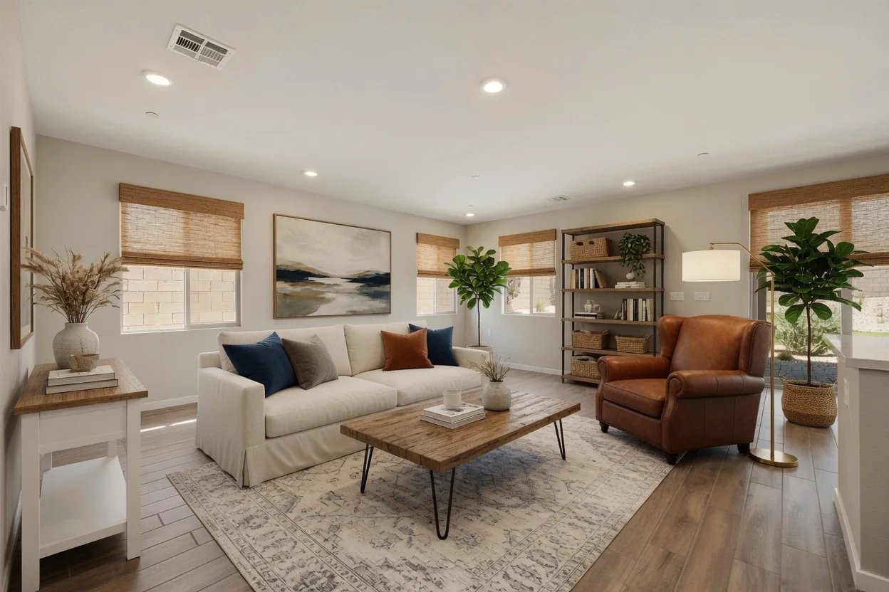 Natural woven shades in a warm living room with a white sofa and leather armchair