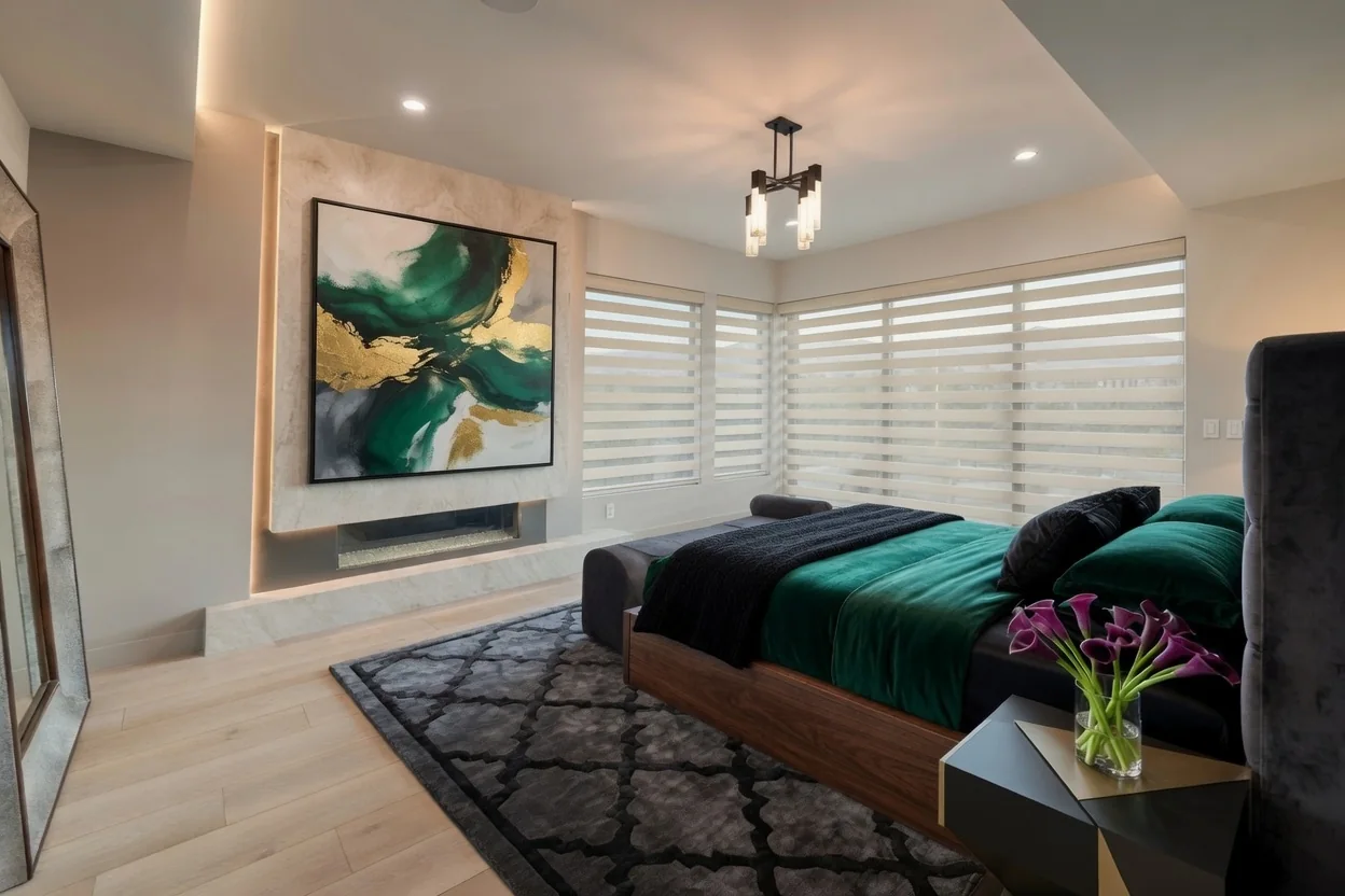 Layered zebra shades at bedroom windows beside an emerald green bed