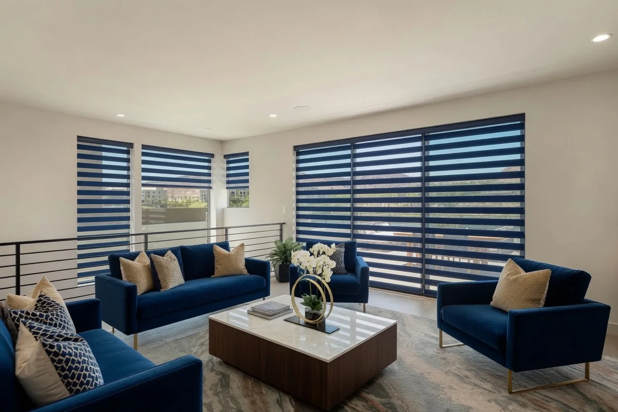 Layered zebra shades across the windows of a modern loft