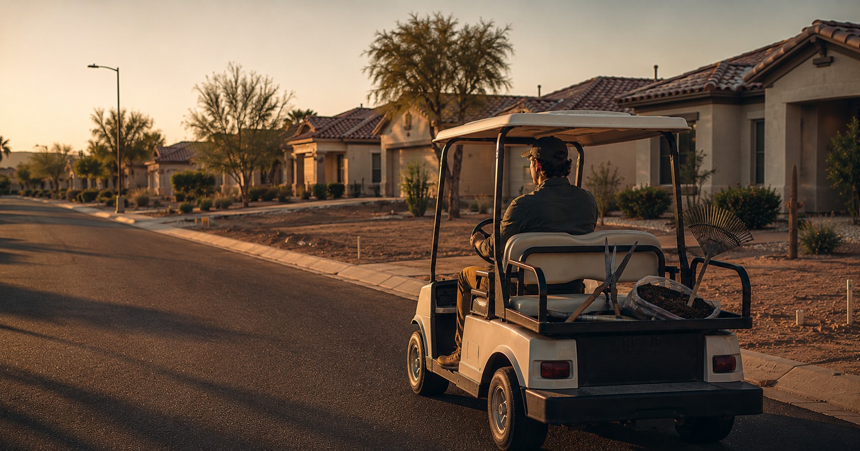 An older man in a faded cap driving a white residential golf cart with landscaping tools in the back, moving down a quiet street in a master-planned retirement community at golden hour