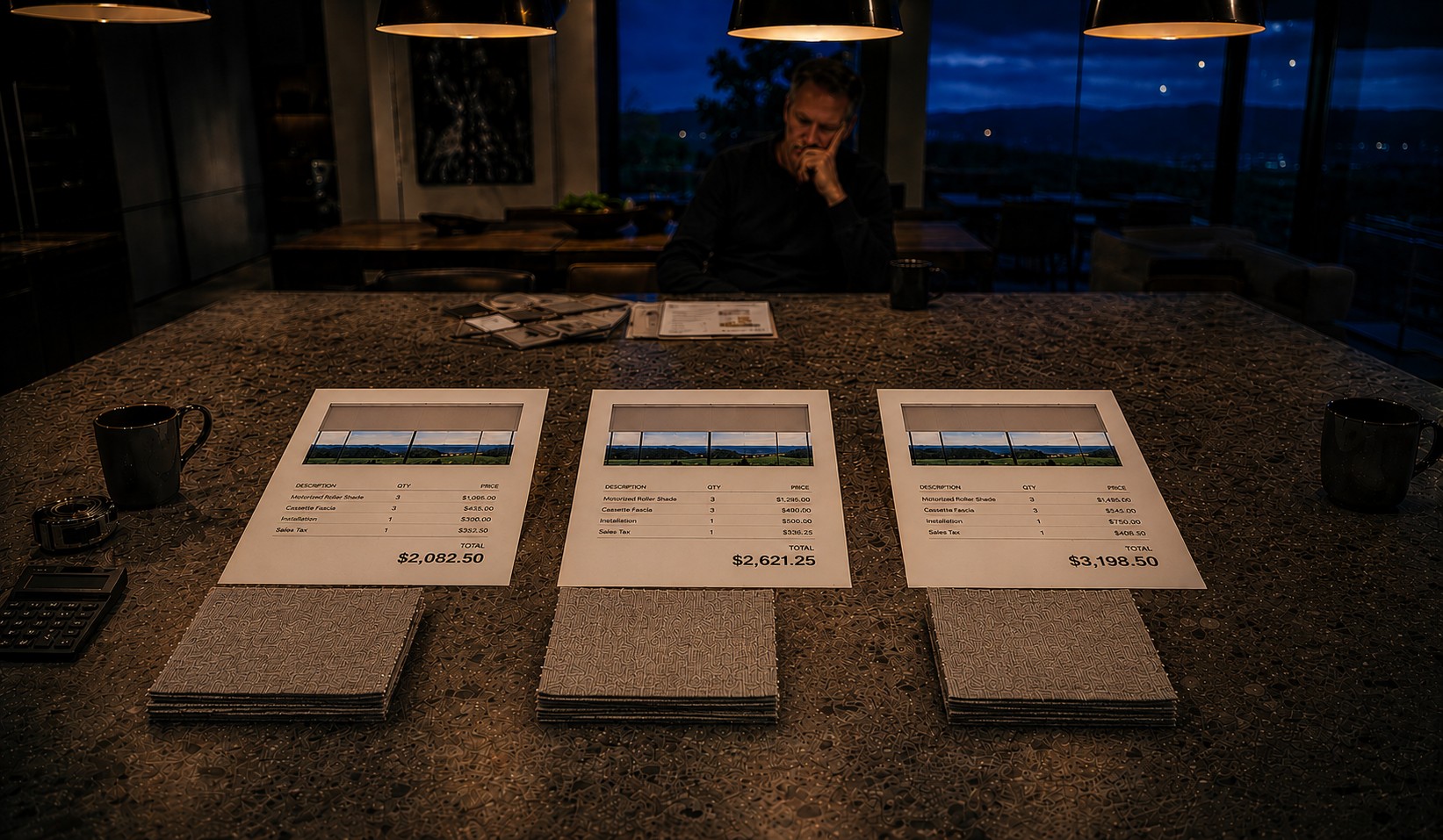 An empty kitchen table at dusk with two chairs facing each other, a single legal pad and pen on the table, soft window light filtering through sheer window coverings.