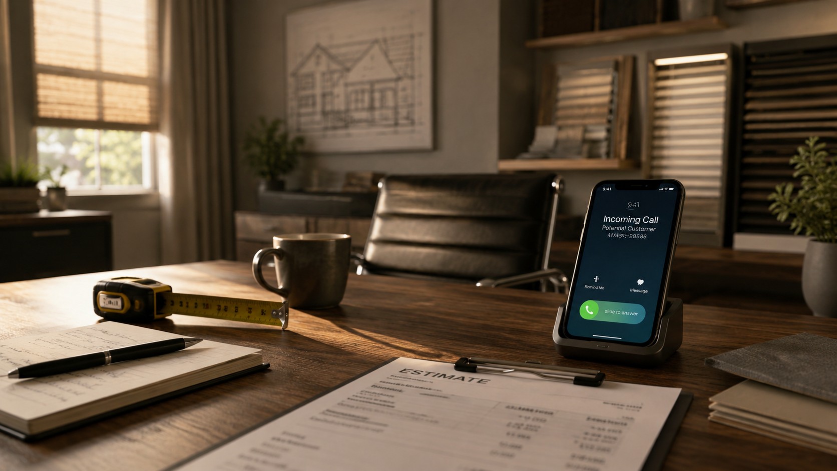 A smartphone sitting on a busy contractor's wooden desk surrounded by scattered estimates