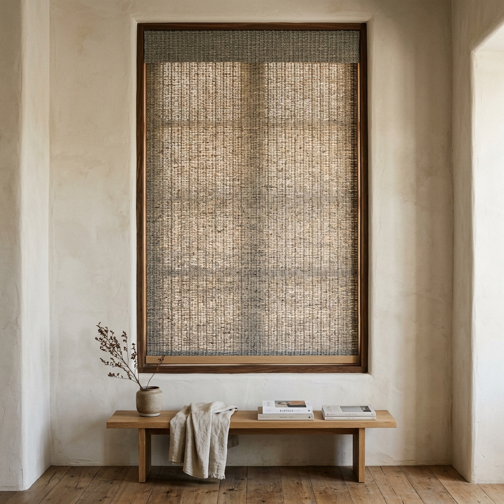 Elements Natural Shades — gray grassweave woven shade in a modern minimal interior