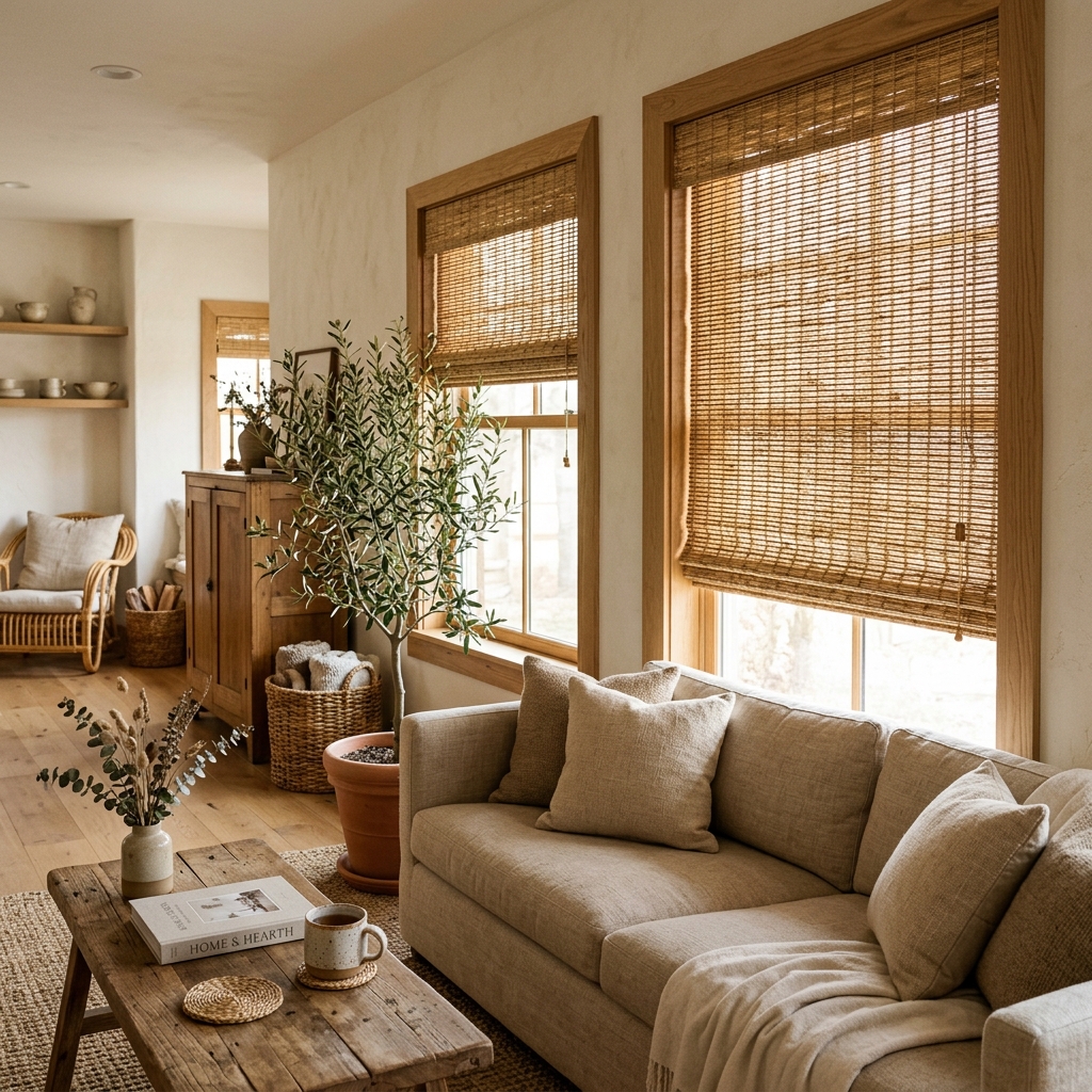 Elements Natural Shades — warm woven textures in an organic interior